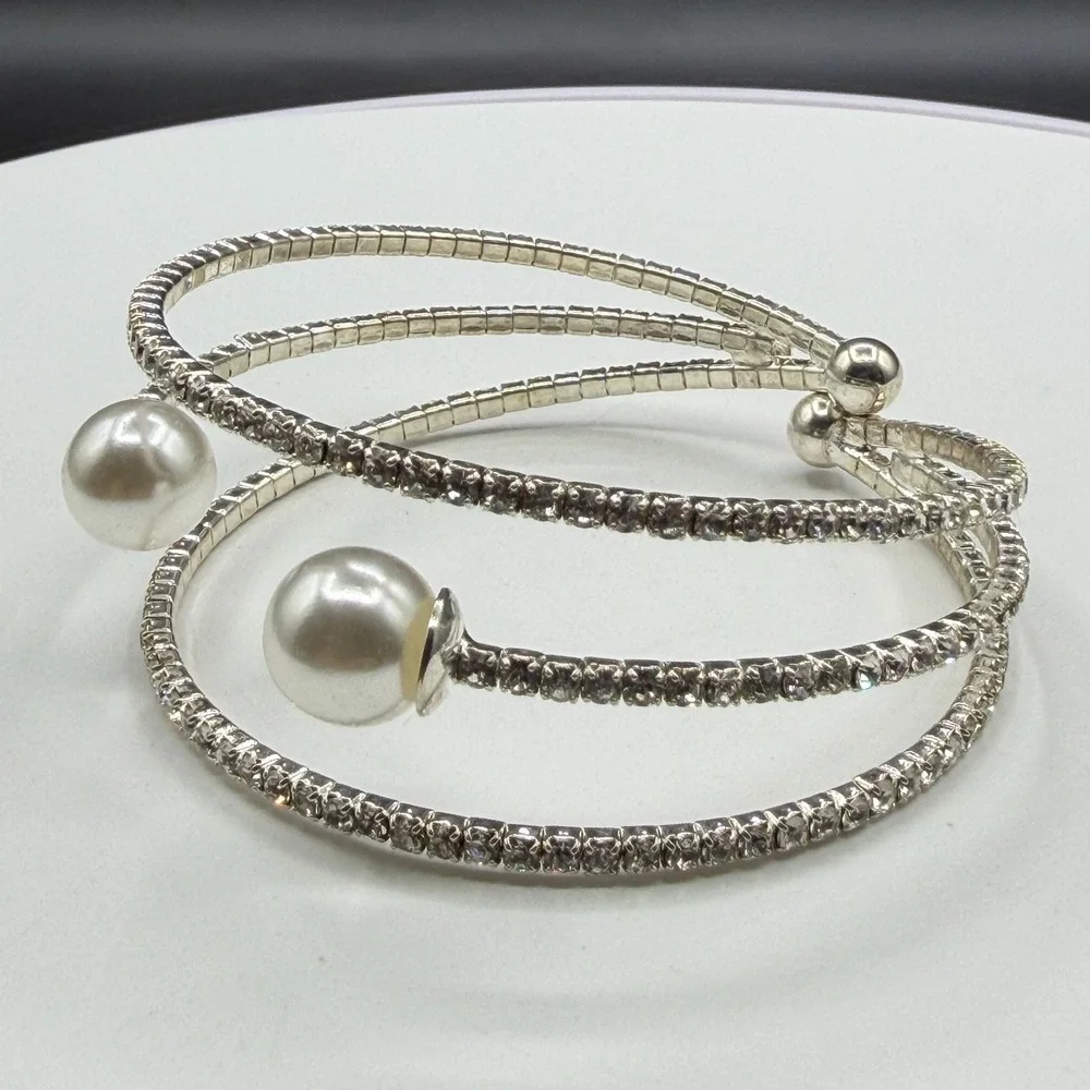 Clear Rhinestone Faux Pearl Silver Tone Triple Row Cuff Wrap Bracelet Bridal
